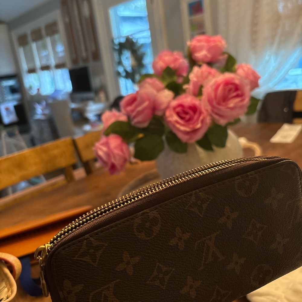 Monogram double Zip  wallet in Brown with Gold Hardware